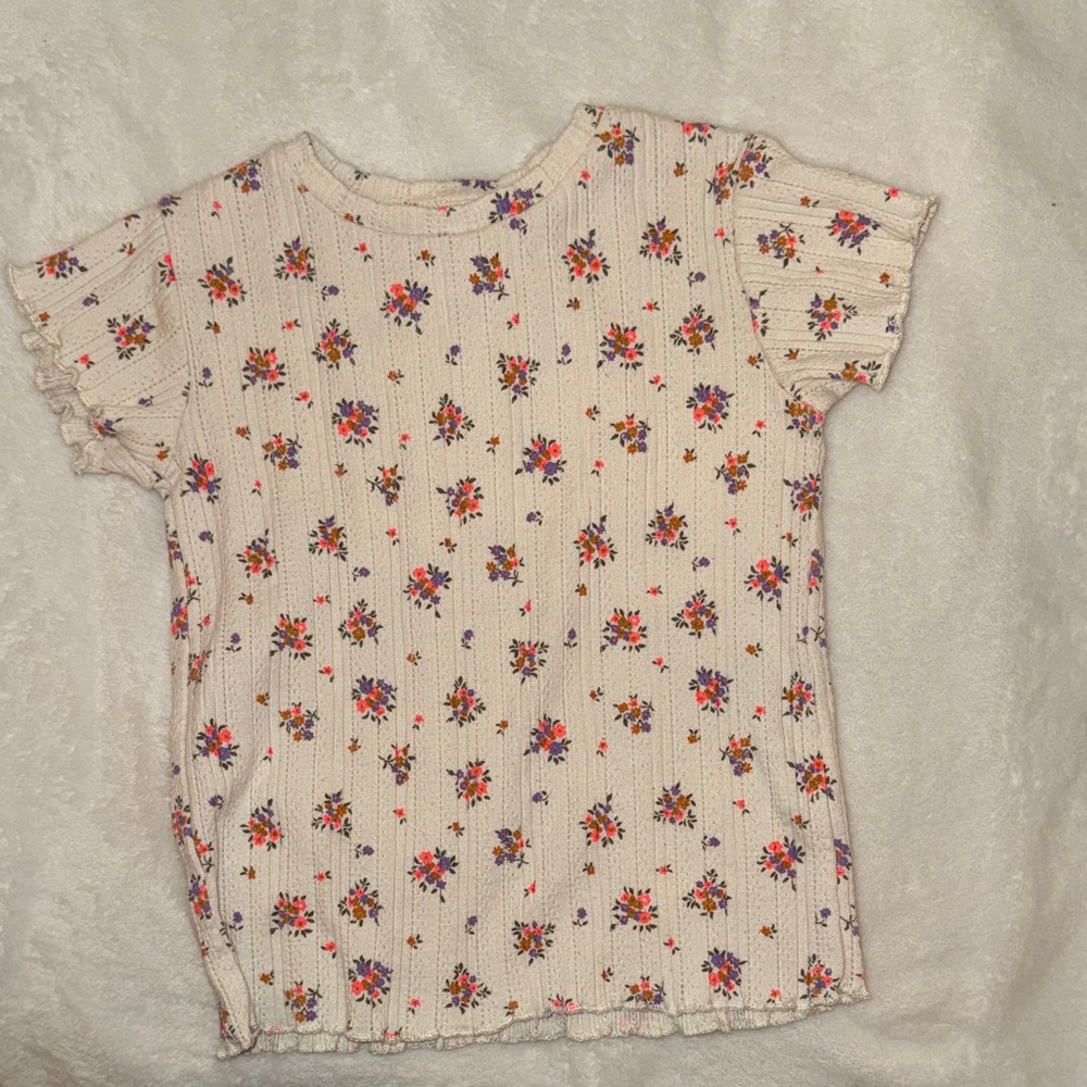 Zara Cream Short Sleeve Ribbed Top with Pink, Orange & Purple Floral Print
